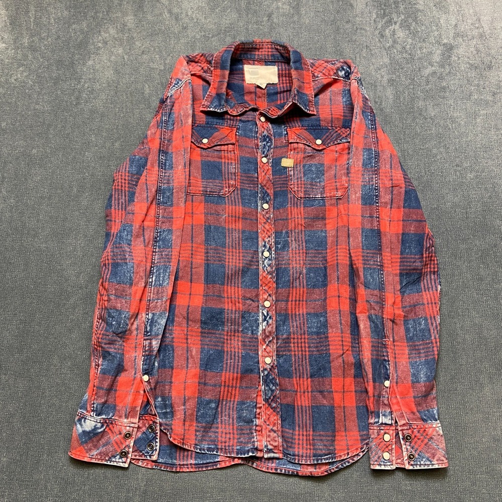 G-Star RAW Flannel Shirt Womens Medium Red Blue Plaid Snap Front Long Sleeve